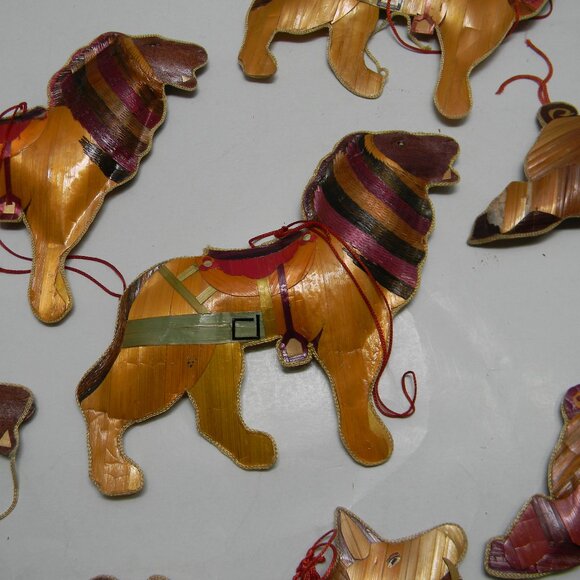 Vintage Wood Strip Christmas Ornaments Folk Art Tigers Lions Set of 7 RARE - Picture 3 of 4